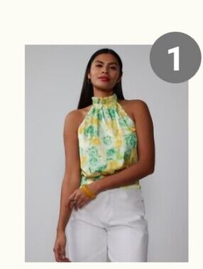 New York & Company Yellow and Green Floral Halter Blouse